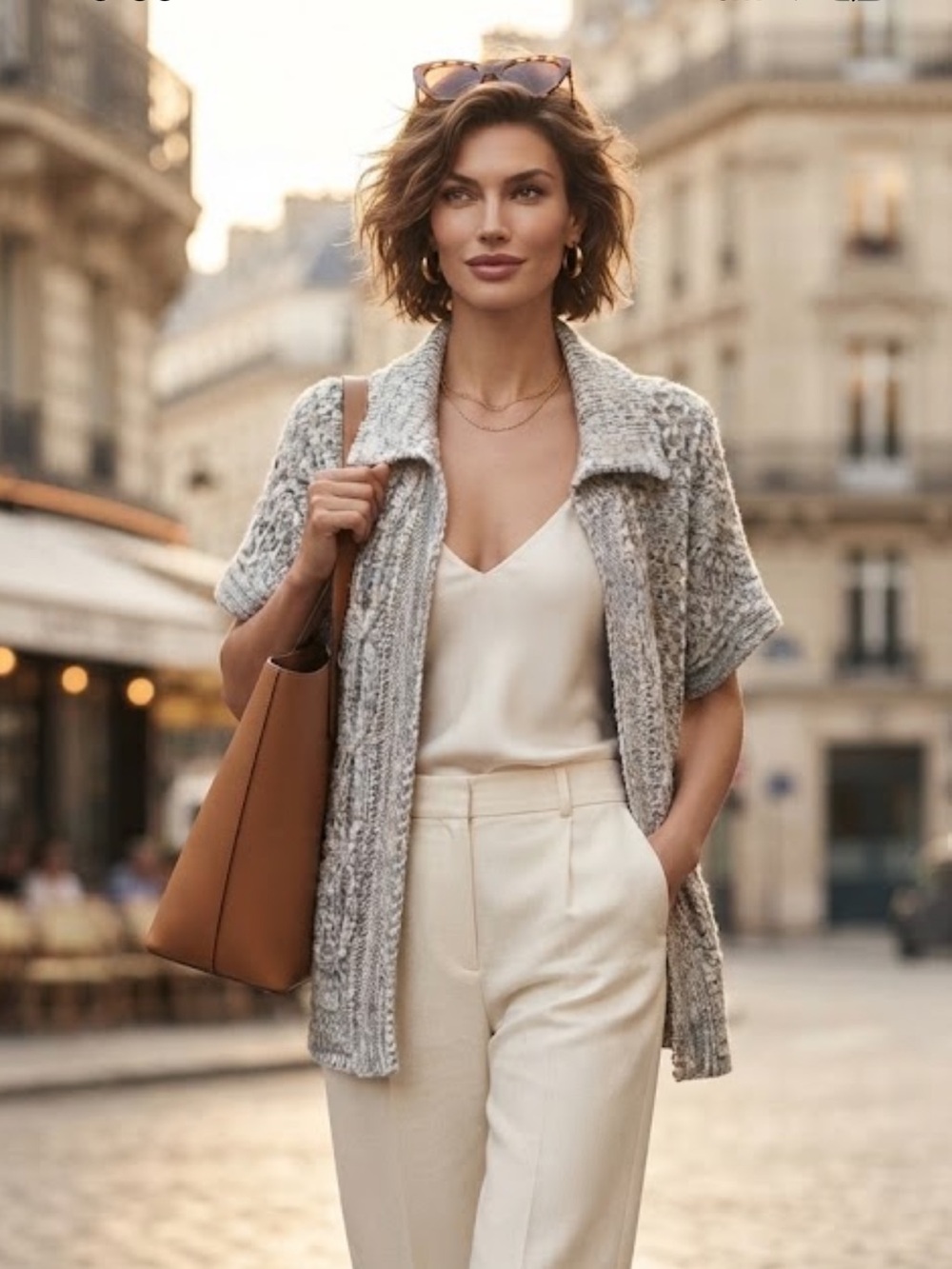 Moda International Chunky Knit Short Sleeve Cardigan Sweater Gray Cream Open